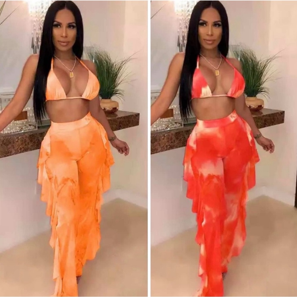 Two-Piece Tie-Dye Maxi Skirt & Triangle Bikini Top - Orange